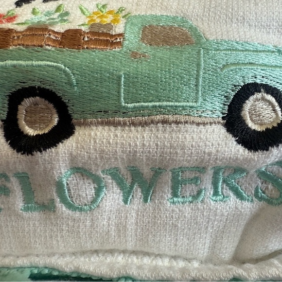 Spring Pillow with Embroidered pickup Truck flowers aqua white throw pillow - Picture 3 of 8